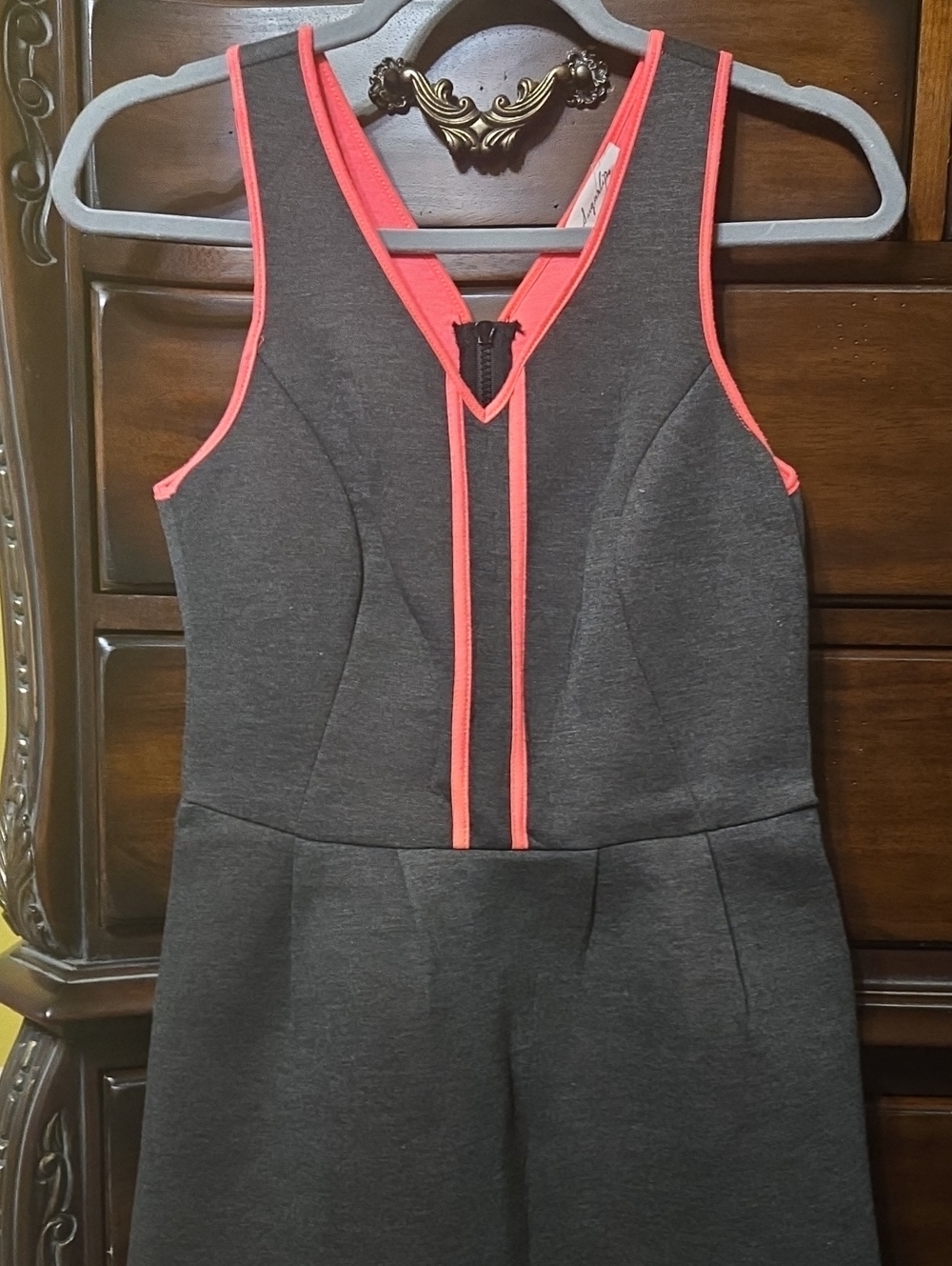 Sugarlips Dark Gray V-Neck Scuba Dress with Coral Trim